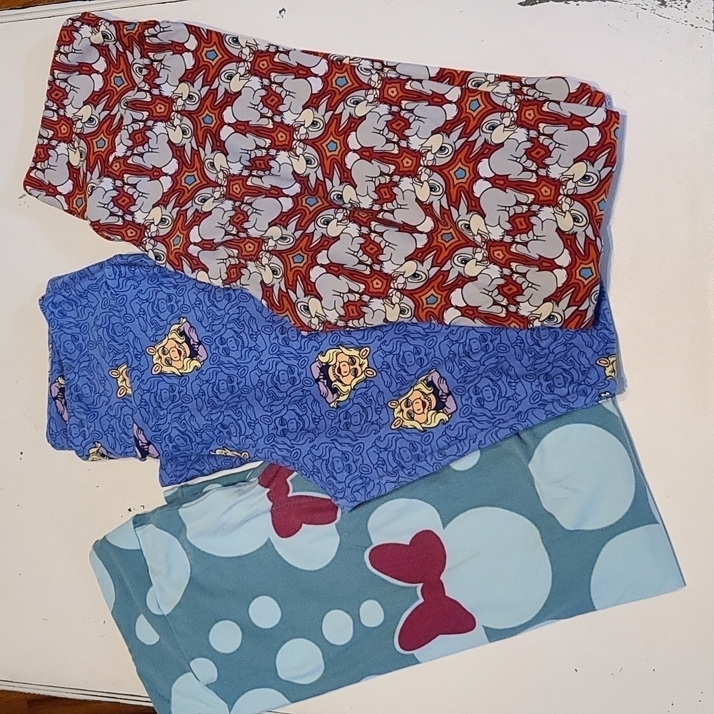 LuLaRoe Leggings Bundle 3 Pairs Minnie Mouse Miss Piggy Thumper One Size EUC